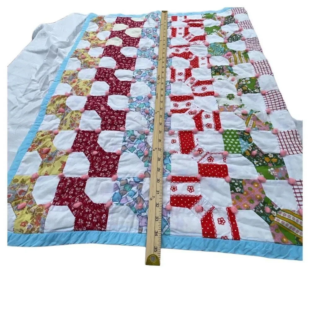 Vintage patchwork with Pom Pom baby blanket 35”X 52”